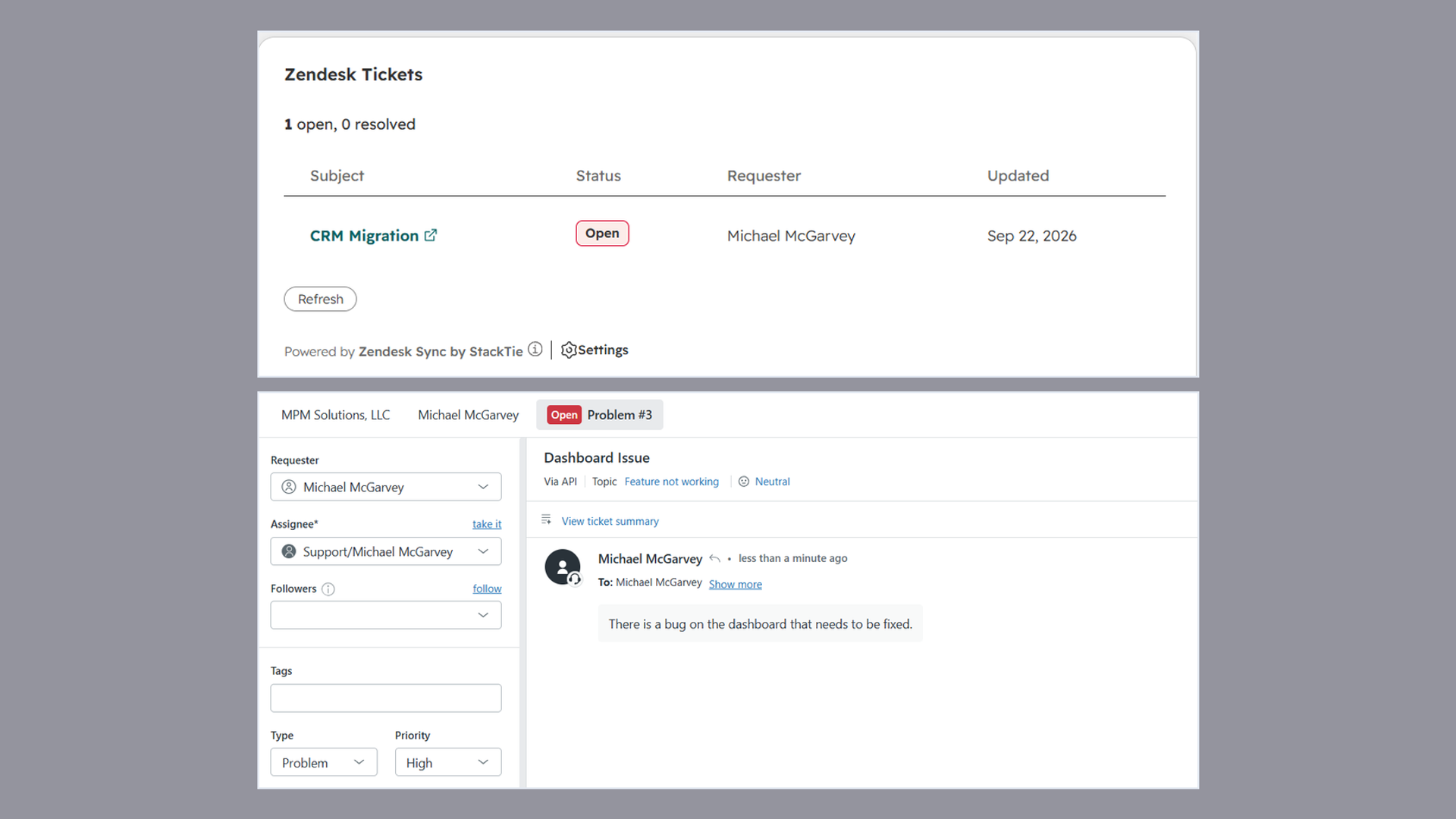 Zendesk tickets on a HubSpot company record, beside the ticket in Zendesk