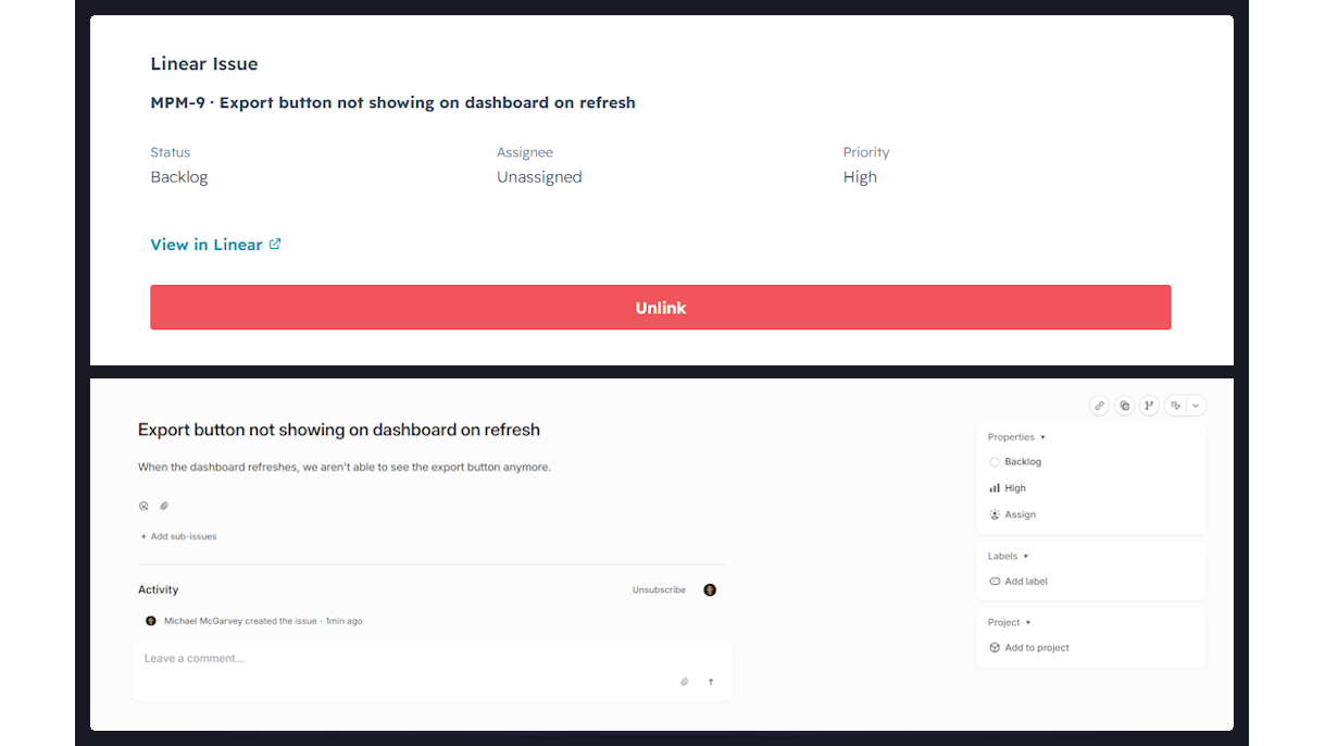 HubSpot ticket with live Linear issue status.
