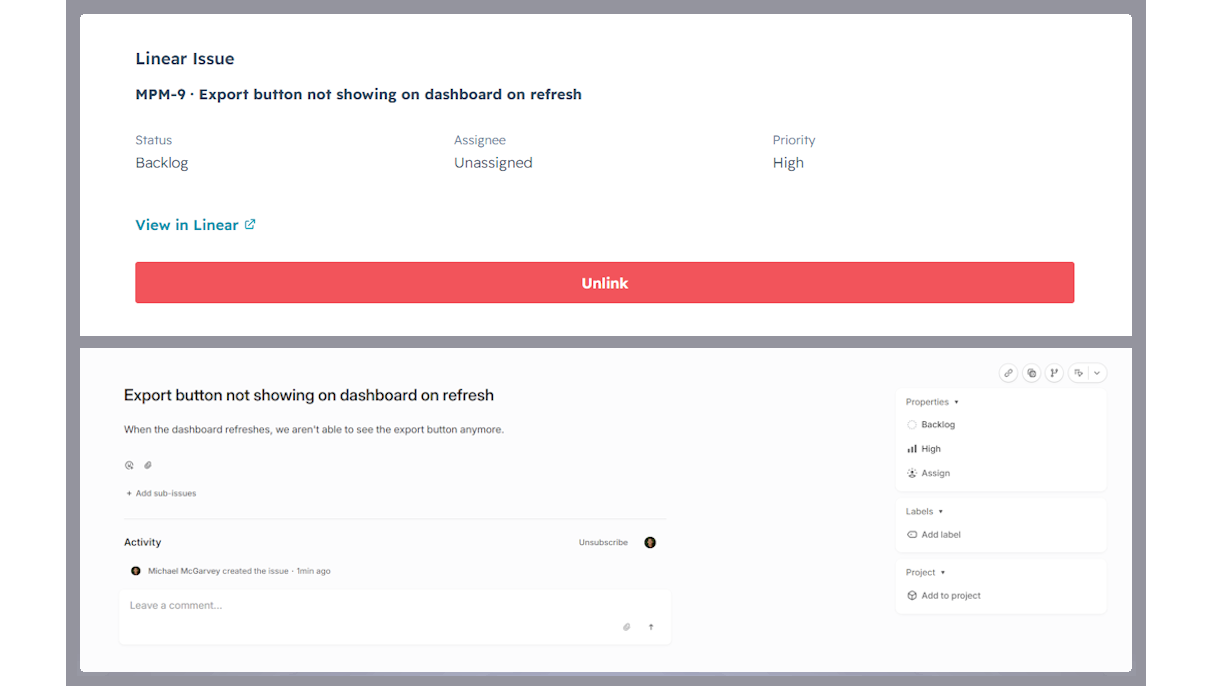HubSpot ticket with live Linear issue status.