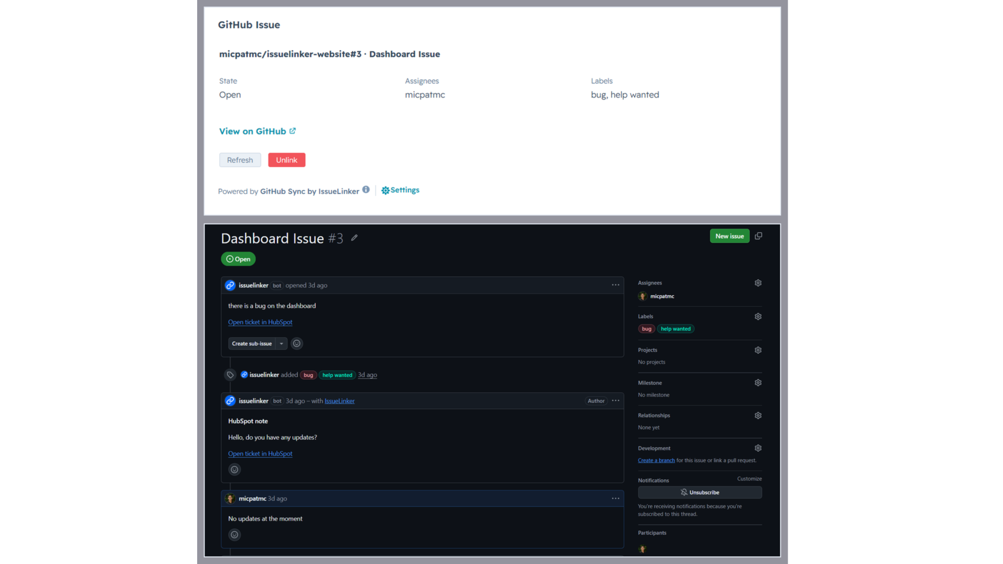 HubSpot ticket with live GitHub issue status.