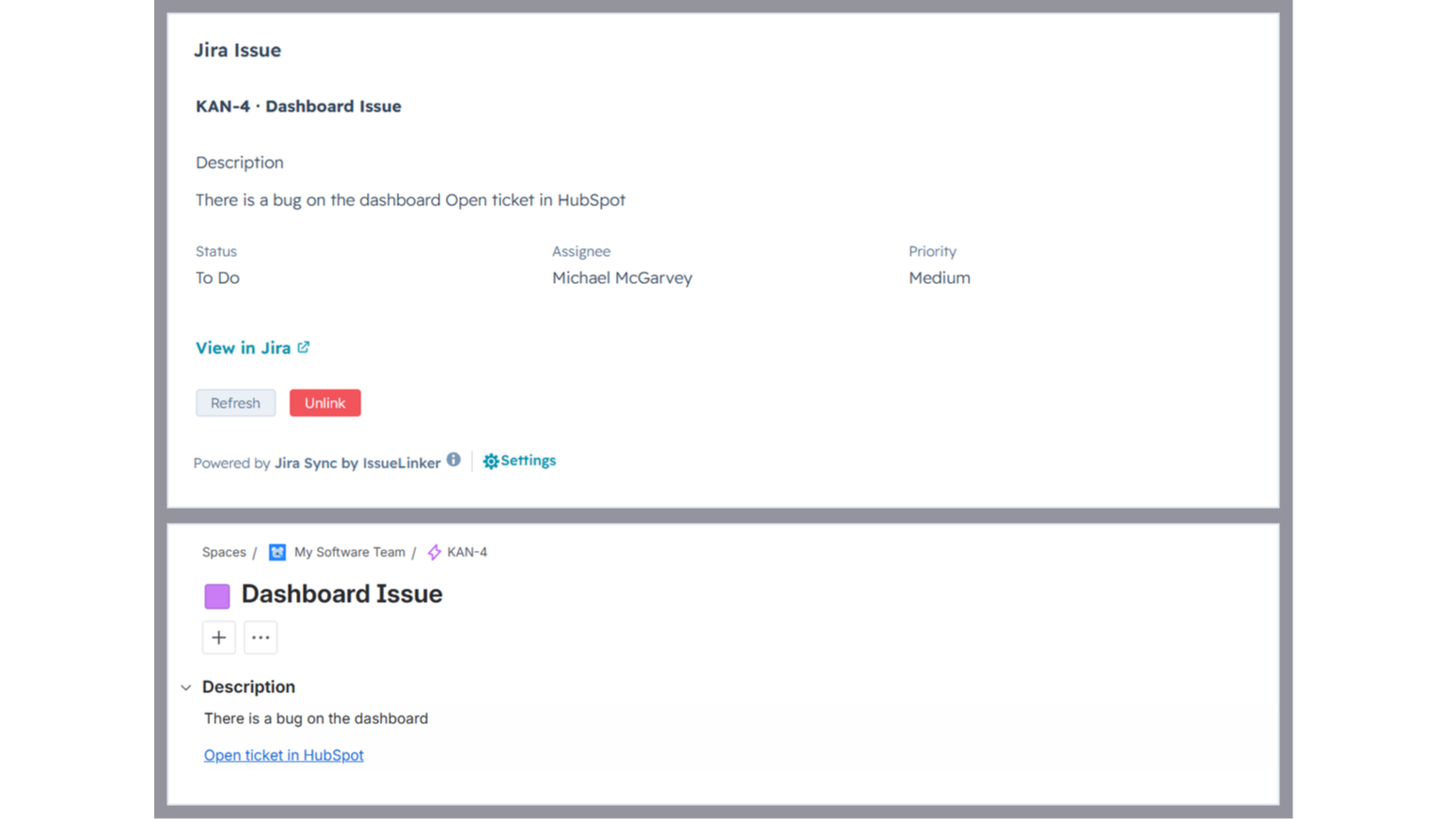 HubSpot ticket with live Jira issue status.