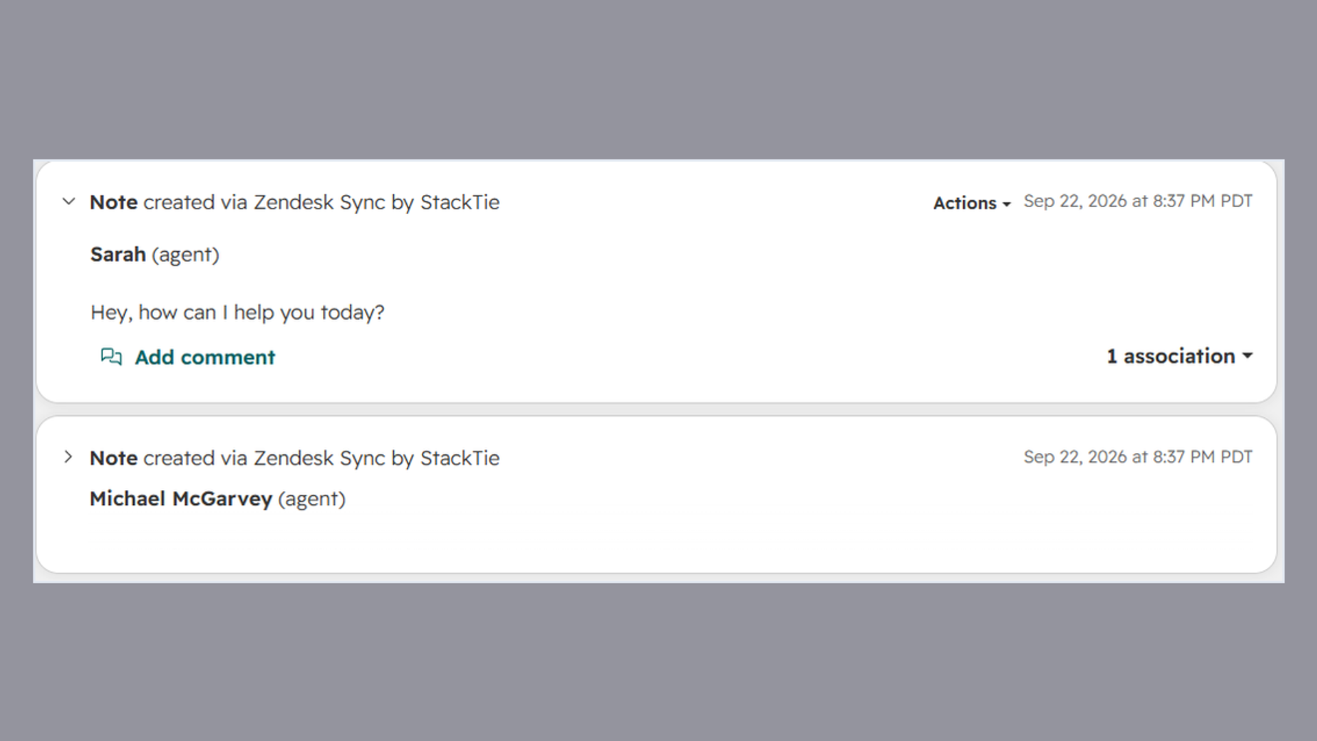 A Zendesk conversation on a HubSpot ticket, each reply attributed to its author