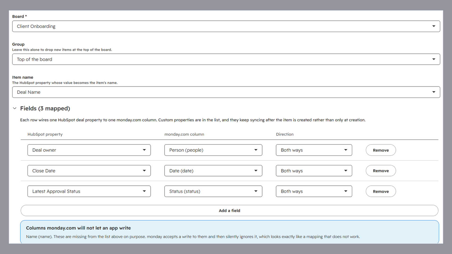 HubSpot deal properties mapped to monday.com board columns, set to sync both ways