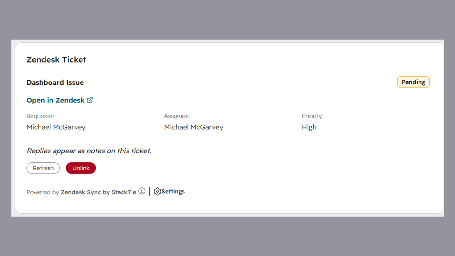 The Zendesk Ticket card on a HubSpot record, showing a Pending status