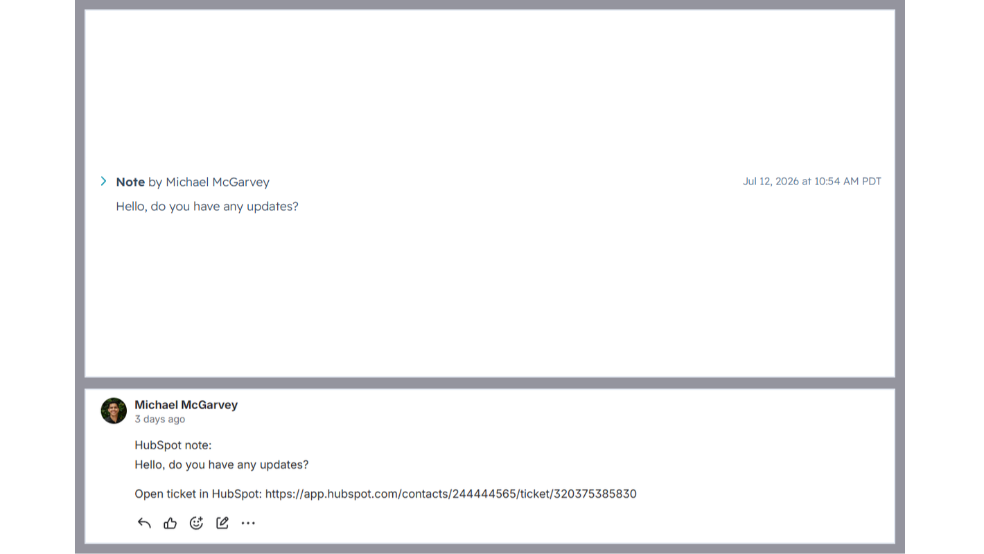 Comment synced between HubSpot and Jira.