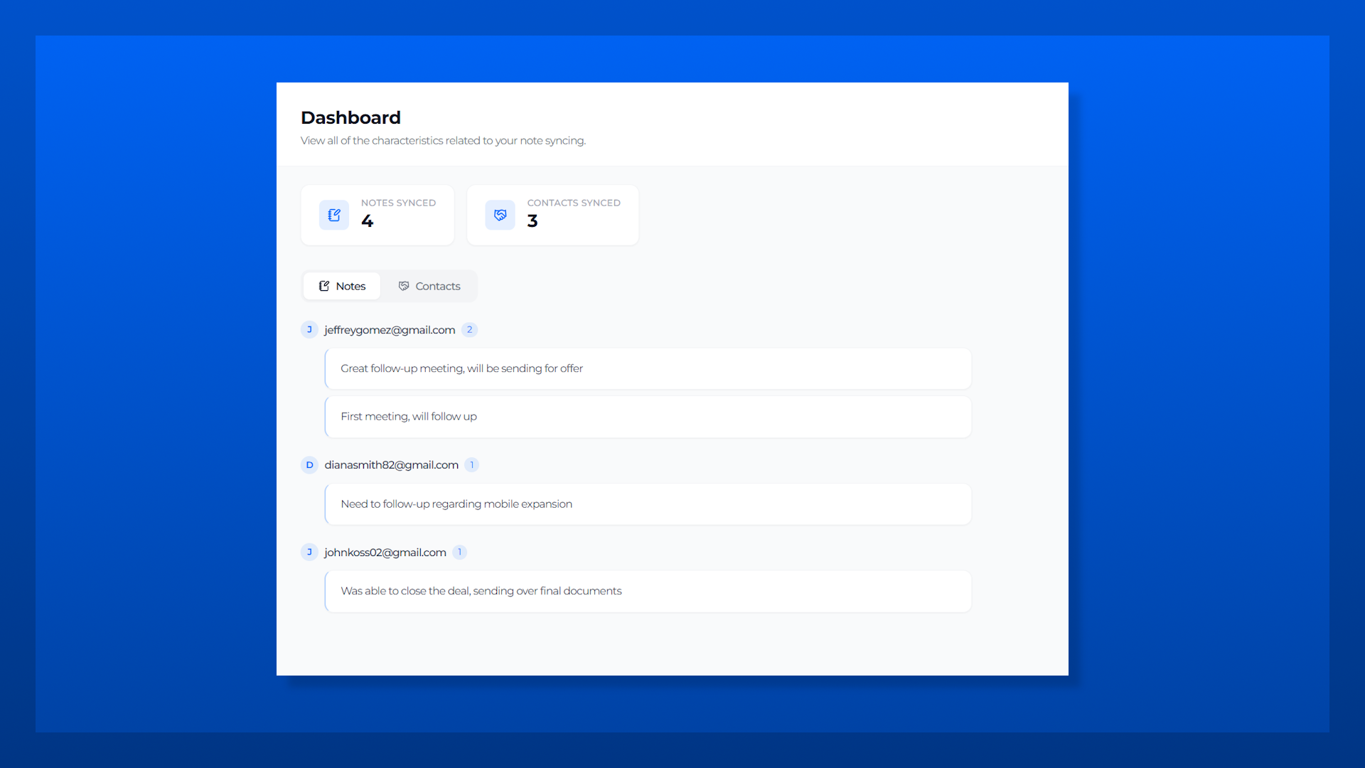 NoteLinker created contacts in dashboard