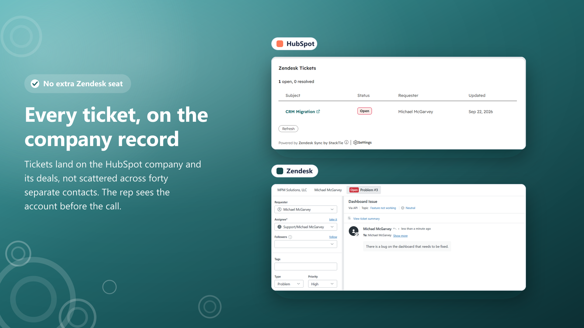 Zendesk tickets listed on a HubSpot company record, next to the same ticket open in Zendesk
